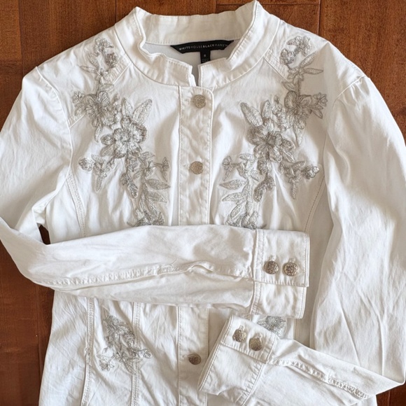 WHBM White Denim Jacket w/ Silver Floral Embroidery Womens 8 Vintage - Picture 7 of 15